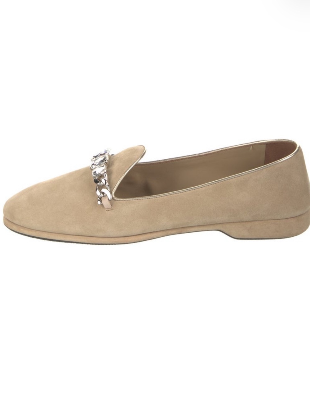 Miu Miu Taupe Suede Crystal-Chain Loafers